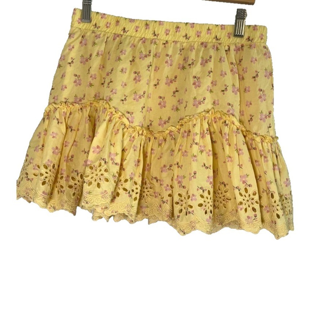 Colorful Floral Butter‎ Yellow Mini Skirt Lace S Boho Indie Festival Summer 80s